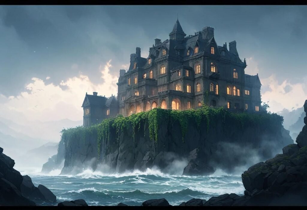 A haunted looking mansion on a cliff.